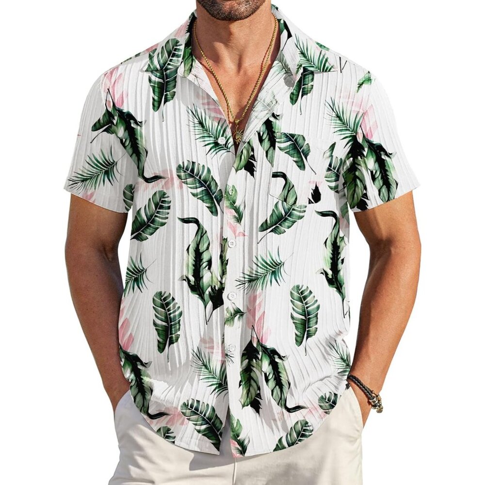 Men's White Casual Button Down Shirts Short Sleeve Textured Summer Beach Shirt